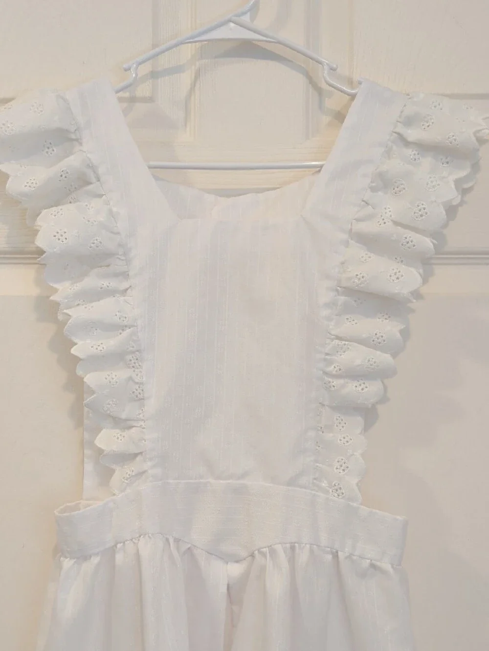 Hand Made White Eyelet Ruffle Apron with Waist Tie and Heart Button